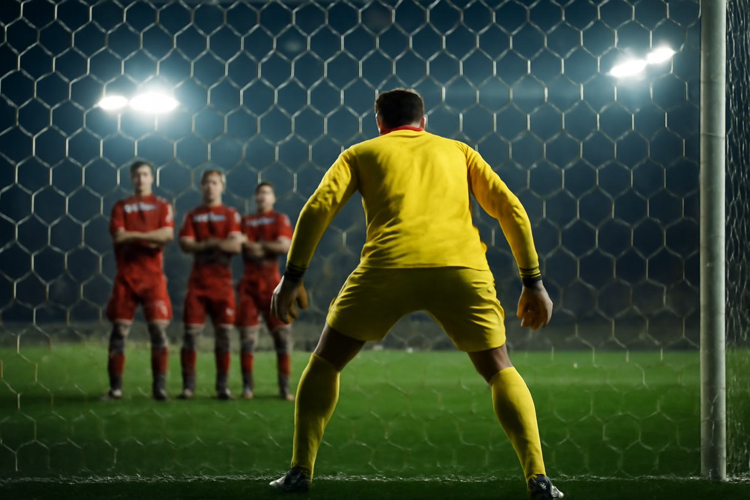 Kiper bersiap menghadapi tendangan bebas dengan tembok pemain bertahan