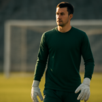 Kiper berdiri di depan gawang saat pemanasan sebelum pertandingan