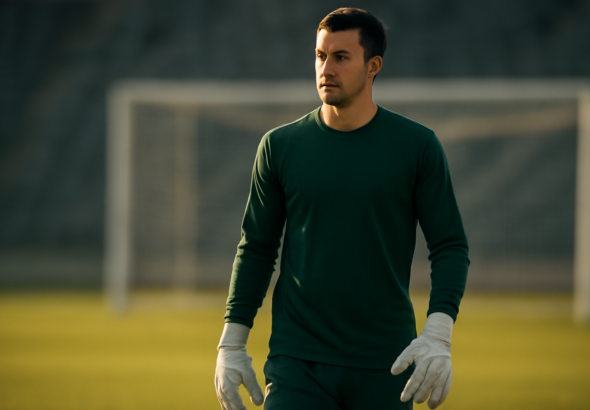 Kiper berdiri di depan gawang saat pemanasan sebelum pertandingan