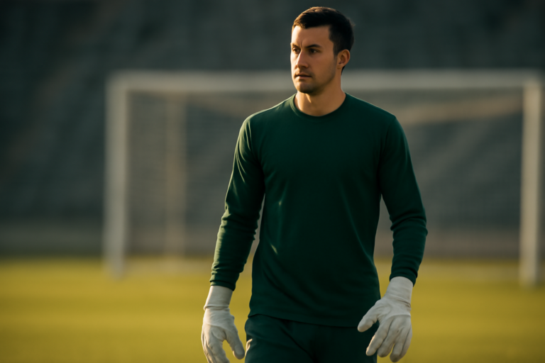 Kiper berdiri di depan gawang saat pemanasan sebelum pertandingan