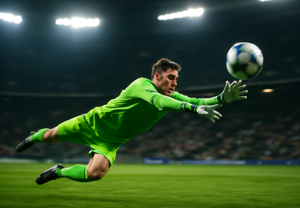 Kiper profesional sedang melakukan penyelamatan dalam pertandingan Liga Inggris