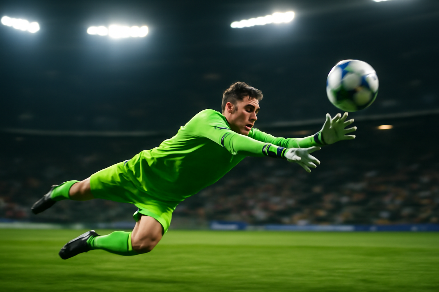 Kiper profesional sedang melakukan penyelamatan dalam pertandingan Liga Inggris