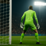 Kiper berdiri siaga di depan gawang saat pertandingan liga Eropa malam hari
