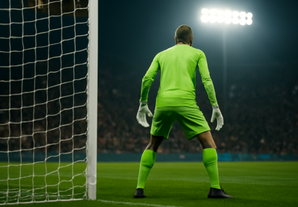 Kiper berdiri siaga di depan gawang saat pertandingan liga Eropa malam hari