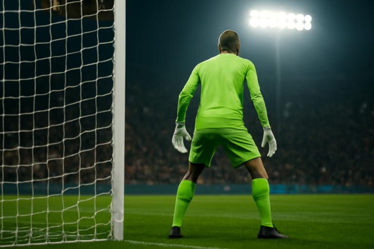 Kiper berdiri siaga di depan gawang saat pertandingan liga Eropa malam hari