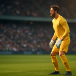 Seorang kiper berdiri di depan gawang sambil mengamati permainan di stadion Eropa