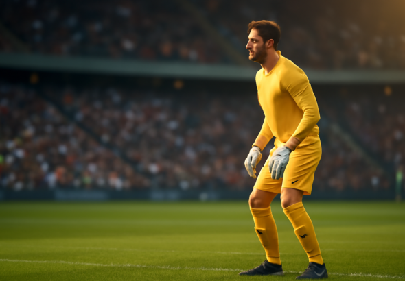 Seorang kiper berdiri di depan gawang sambil mengamati permainan di stadion Eropa