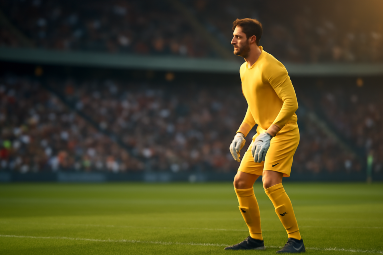 Seorang kiper berdiri di depan gawang sambil mengamati permainan di stadion Eropa