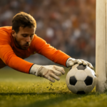Kiper melakukan penyelamatan sulit ke sudut bawah gawang