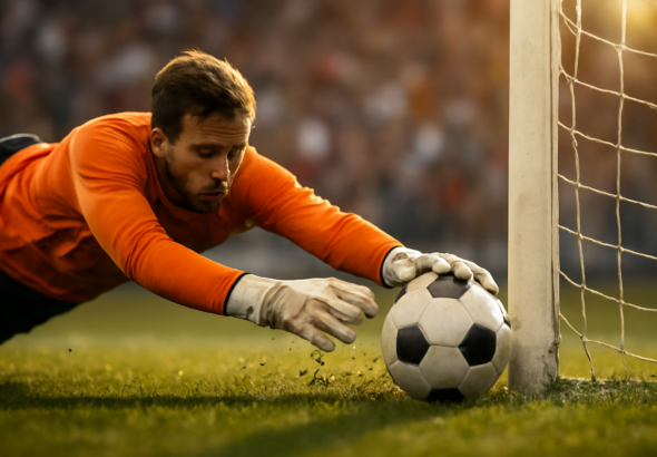 Kiper melakukan penyelamatan sulit ke sudut bawah gawang