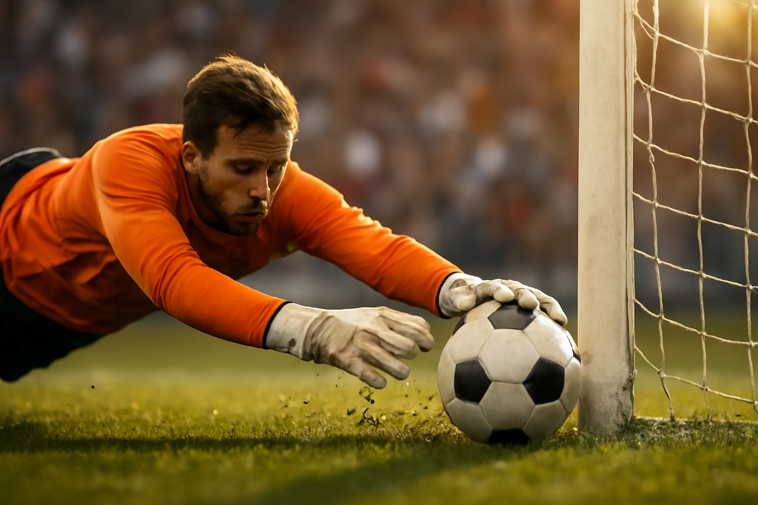 Kiper melakukan penyelamatan sulit ke sudut bawah gawang