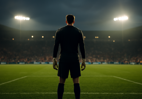Kiper berdiri di area penalti saat pertandingan liga Eropa berlangsung