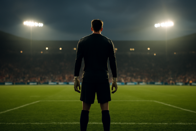 Kiper berdiri di area penalti saat pertandingan liga Eropa berlangsung