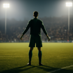 Seorang kiper berdiri di tepi kotak penalti di bawah lampu stadion pada pertandingan malam