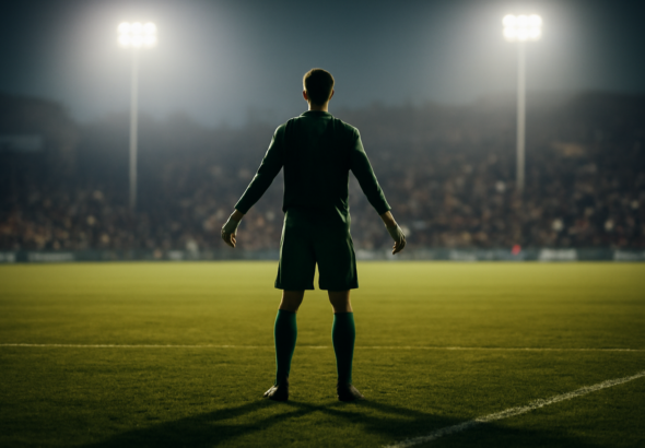 Seorang kiper berdiri di tepi kotak penalti di bawah lampu stadion pada pertandingan malam