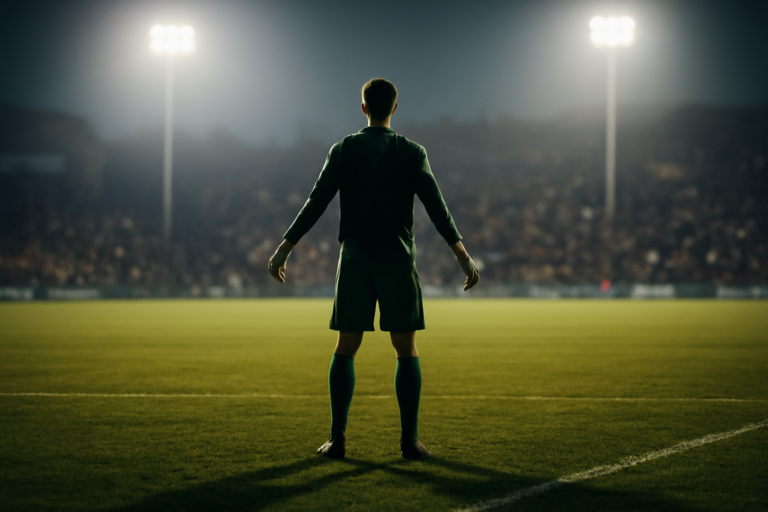 Seorang kiper berdiri di tepi kotak penalti di bawah lampu stadion pada pertandingan malam